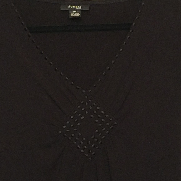 Black V Neck Short Sleeve Embroidered Stretch Top - Picture 2 of 5